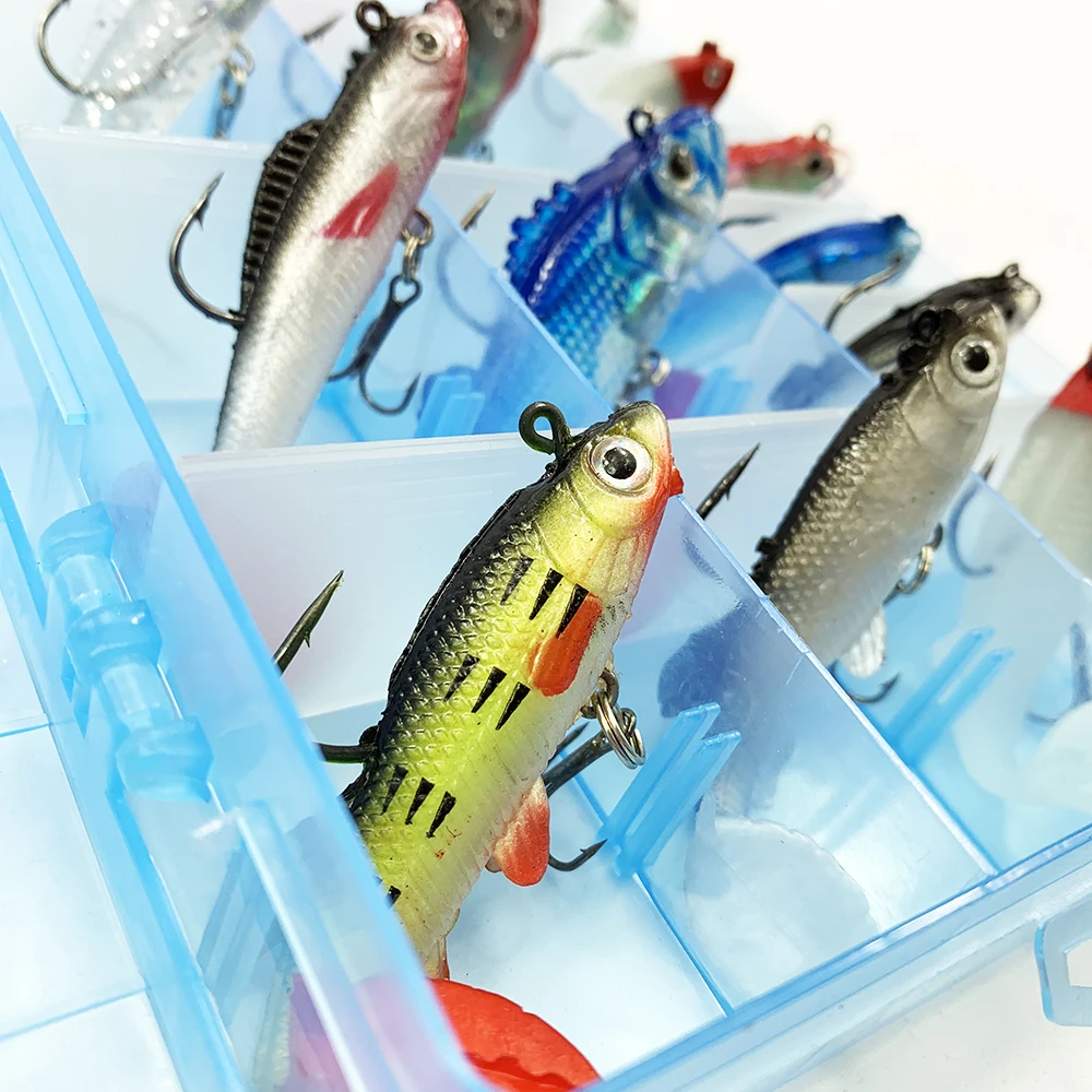 15pcs/lot Sink Fish Soft Bait Set Fishing Lure Kit Wobblers Jig Head Silicone Swimbait Lifelike Sea Bass Carp pike Pesca in box