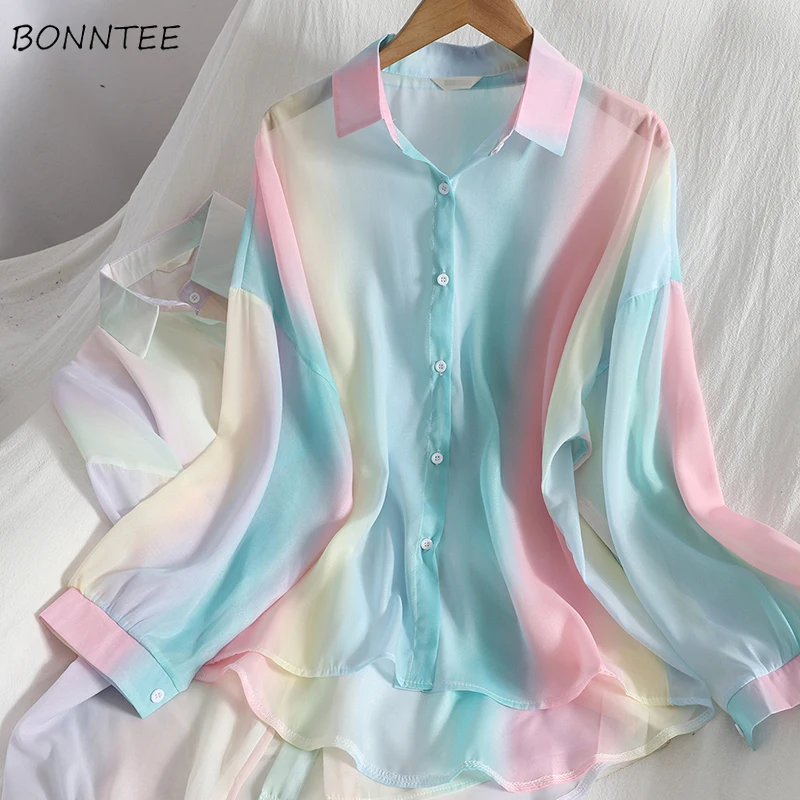 Shirts Women Colorful Striped Summer Soft Chiffon Sun-proof Korean Style College Ladies Fashion Beach Design Loose Outdoor Ins