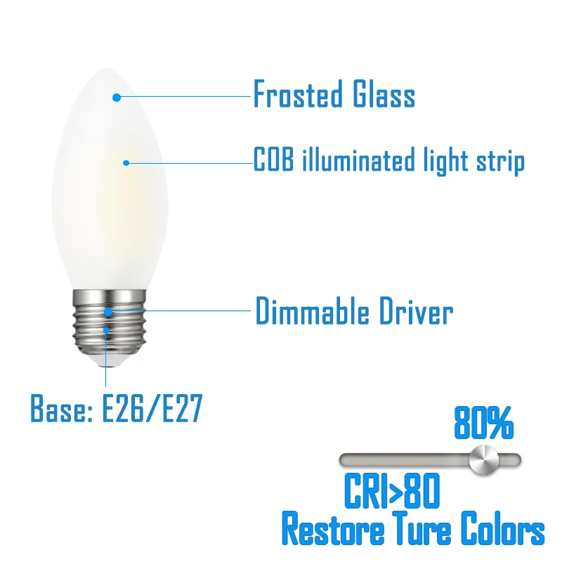 Pack of 8 Dimmable C35 LED 2W 4W 6W 8W Edison E26/E27 Spotlight Frosted Candle Lamp 110V 220V Filament Bulbs Chandelier light