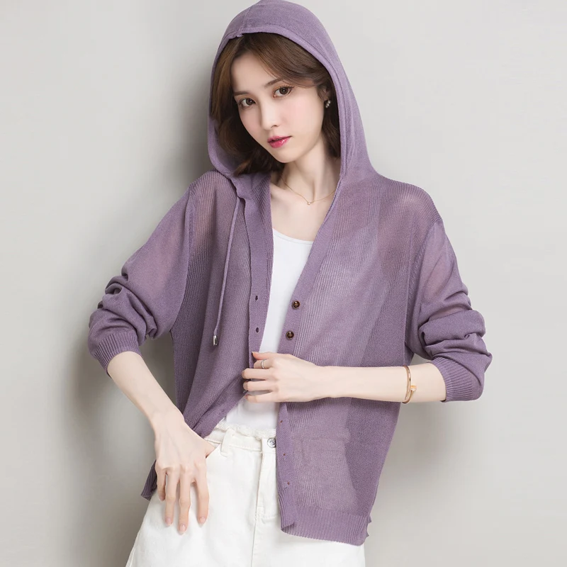 

Women Hooded Knitwear Summer Thin Knit Cardigan Hollow Out Knit Outwear Lady See Through Long Sun Protection Knit Coat