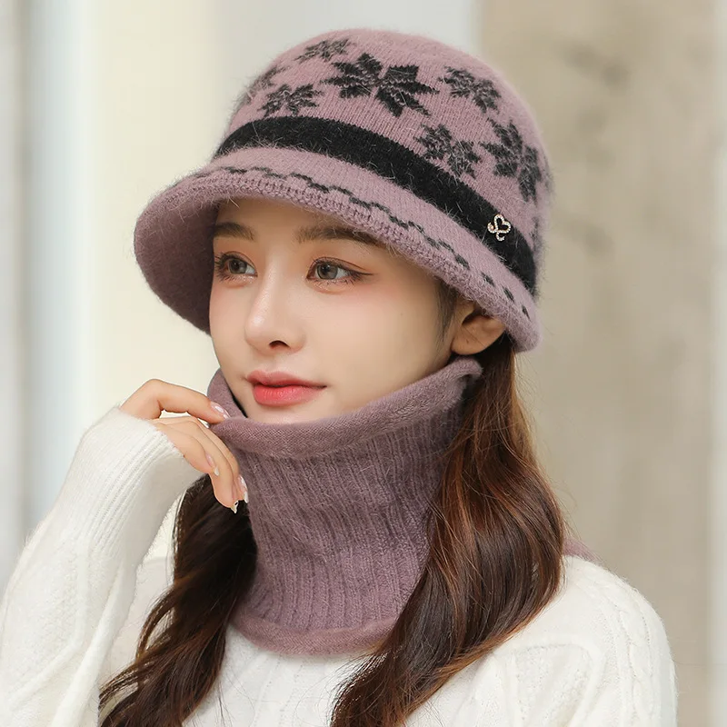 

X088 Adult Knitted Hat Winter Warm Hat Scarf Plus Velvet Warm Basin Hat Fashion Wool Fisherman Caps and Scarf Set