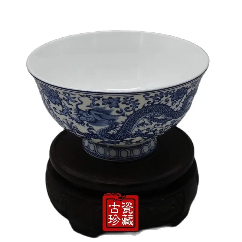 China Old Porcelain Double Dragon Bowls, Blue and White