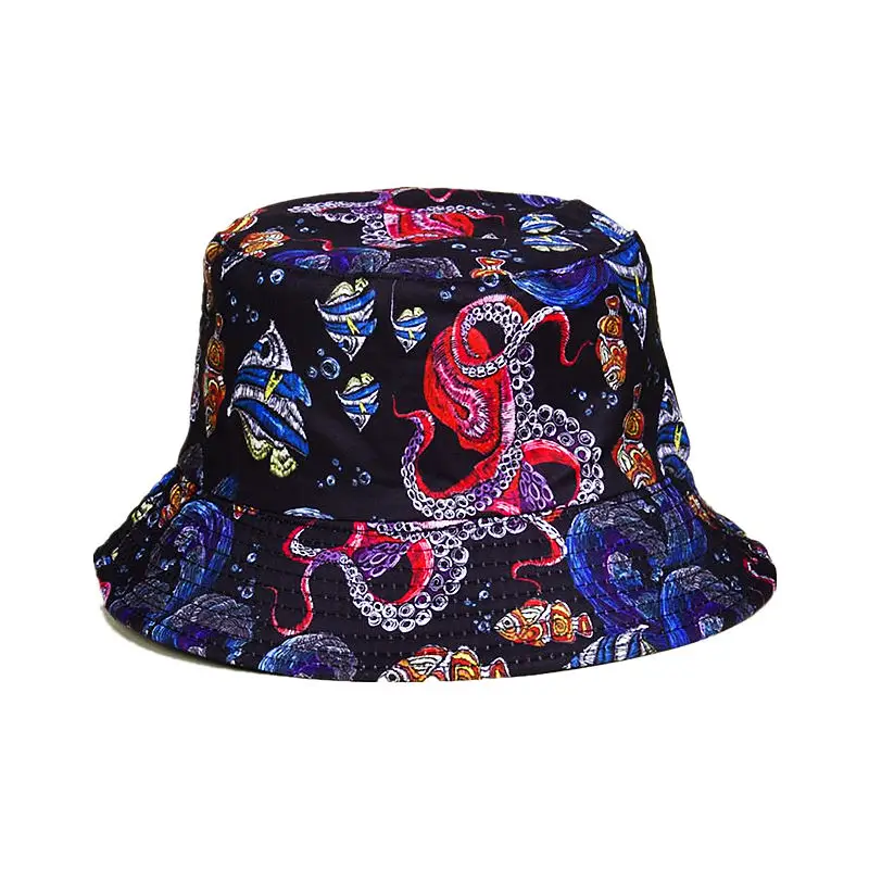 

2021 four seasons Cotton Cartoon Octopus Print Bucket Hat Fisherman Hat Outdoor Travel Hat Sun Cap Hats for Men and Women 349