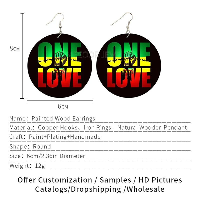 SOMESOOR Double Sides Printing United African Colors Wooden Drop Earrings ONE LOVE Power Fist Black Dangle Jewelry For Women