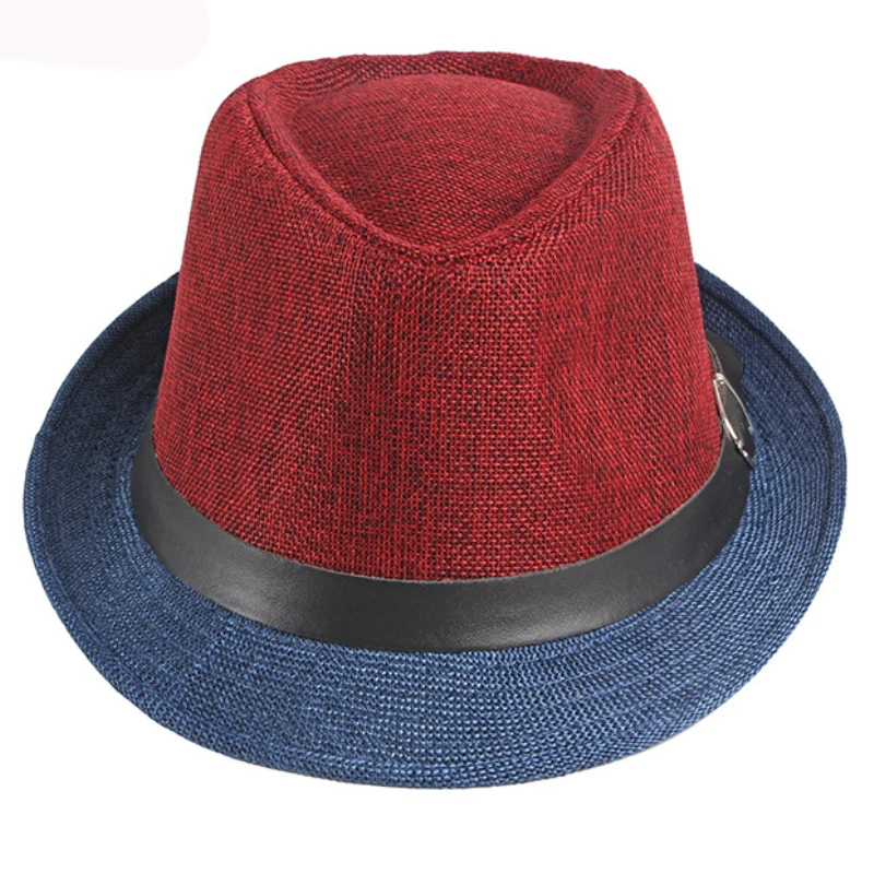 HT3031 Fedoras Men Women Spring Summer Breathable Sun Hat Two Tone Patchwork Trilby Fedora Hat Panama Short Brim Belt Beach Hat