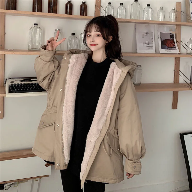 Lucyever 2021 New Women\'s Winter Plus Velvet Coat Korean Hoodlie Tooling Cotton Parkas Jacket Women Loose Thicken Warm Overcoat