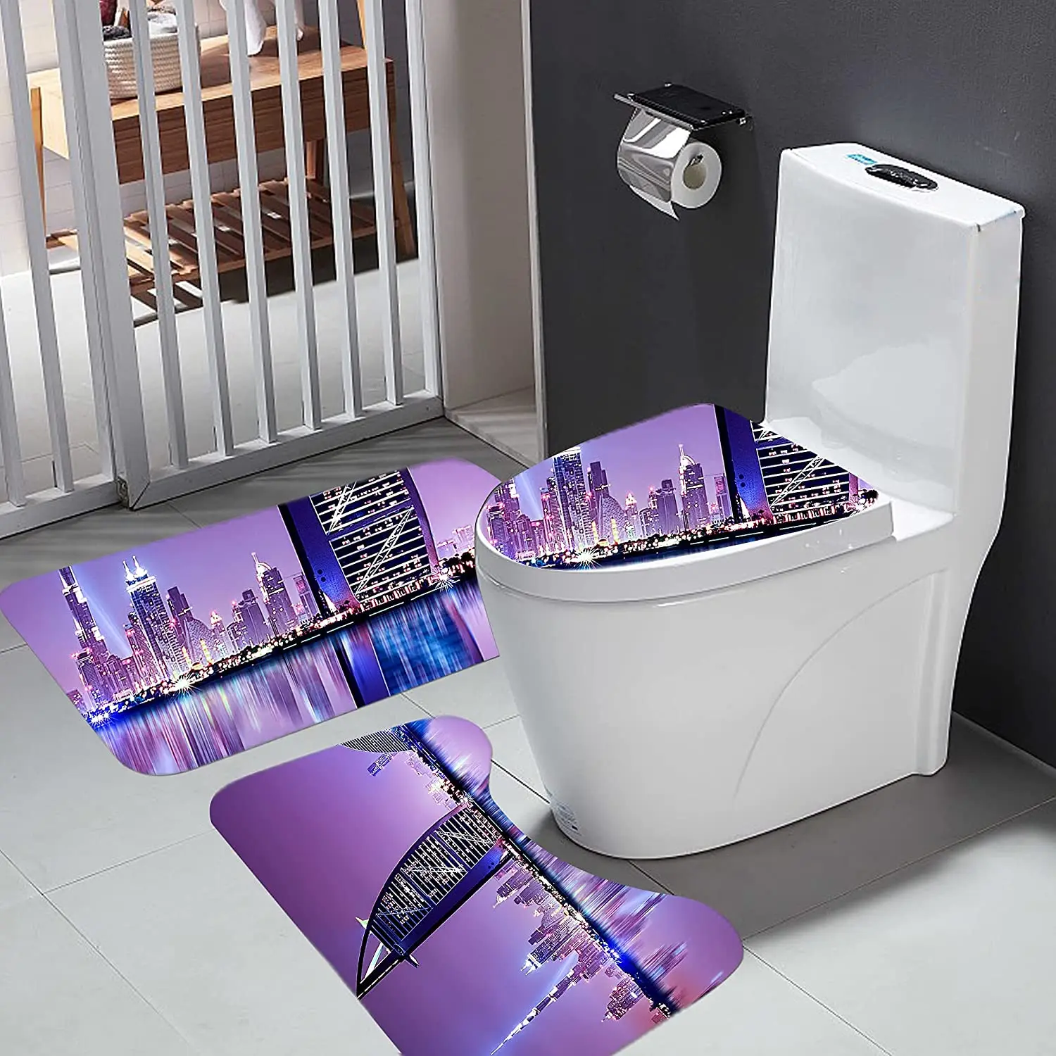 City Landscape Of Dubai Bathroom Sets With Shower Curtain And Rugs And Accessories Purple Shower Curtain Sets