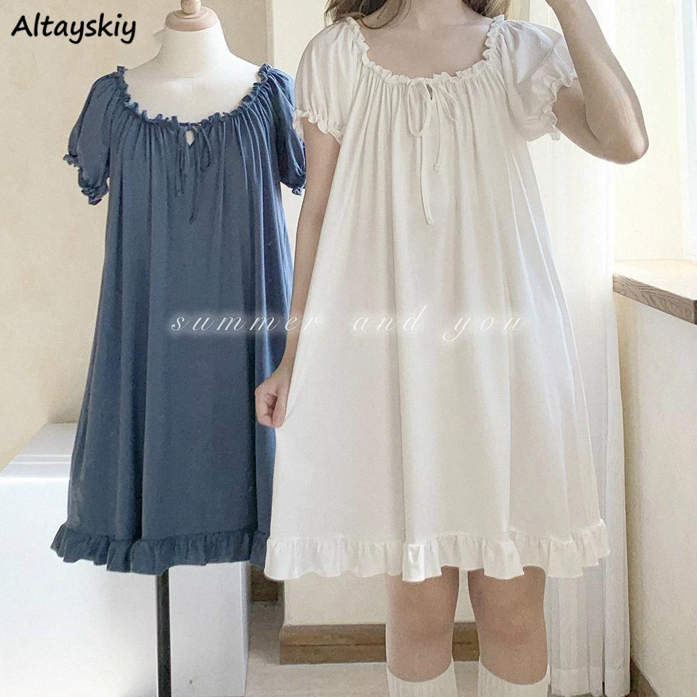 Nightgowns Women Cotton Short Sleeve Sexy Knee-length Solid Kawaii Ruffles Bow Loose Sleepwear Lolita Style Princess Nightdress