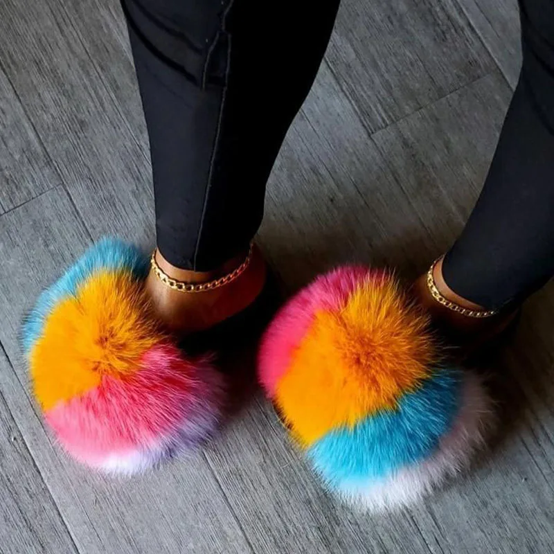 Girl's Summer Must-Haves Multicolour Plush Fur Beach Flip Flops Ladies Lovely Home Fluffy Fur Slides Women Furry Fur Sandals Hot