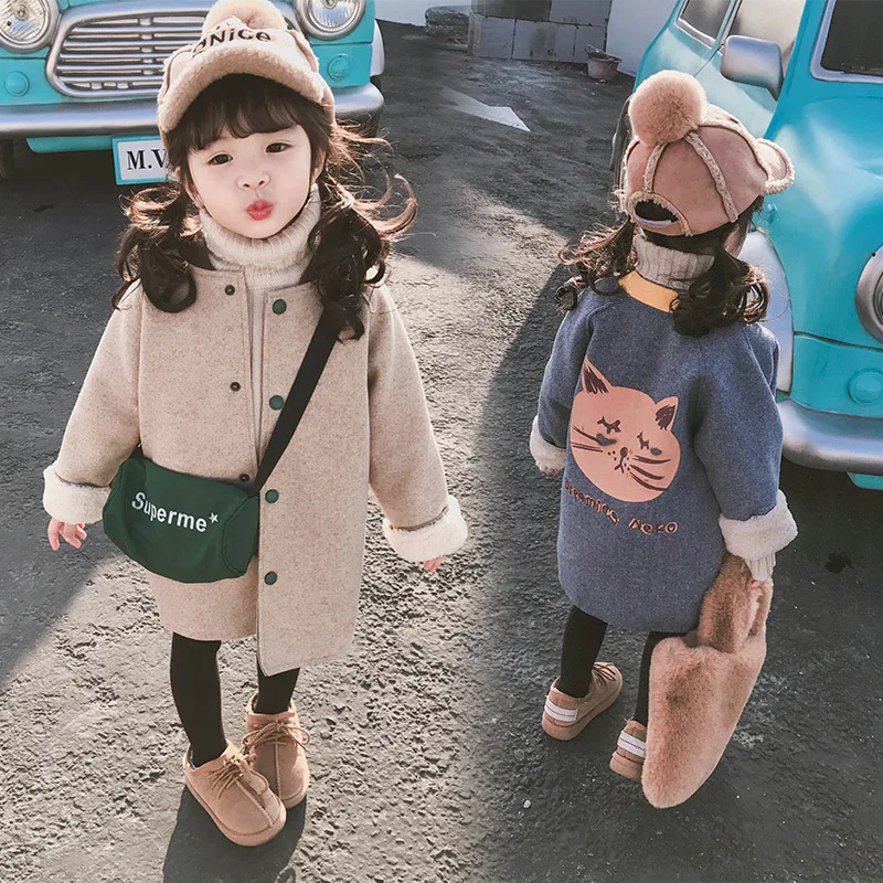 2022 New Woolen Cloth Girls Coat Winter Warm Plush Fur Overcoats Kids Cute Cat Thicken Coat Cardigan Jacket Children's Clothing