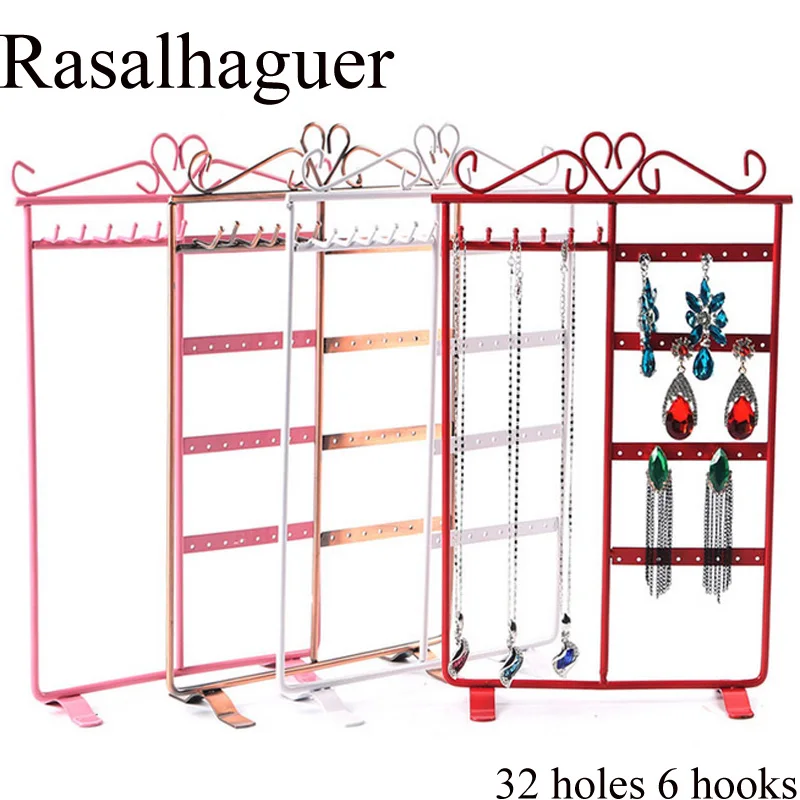 

Top Selling Metal Four Colors 32 Holes 6 Hooks Necklace Hang Stand Holder 4 Tiers Jewelry Show Rack Organizer New