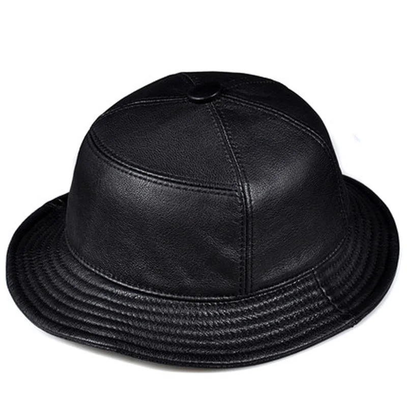 Korean Fashion ACC Unisex Genuine Leather Bucket Hats Men Women Casual Fishing Caps Male Fitted Black Basin Cap Sombrero Mujer