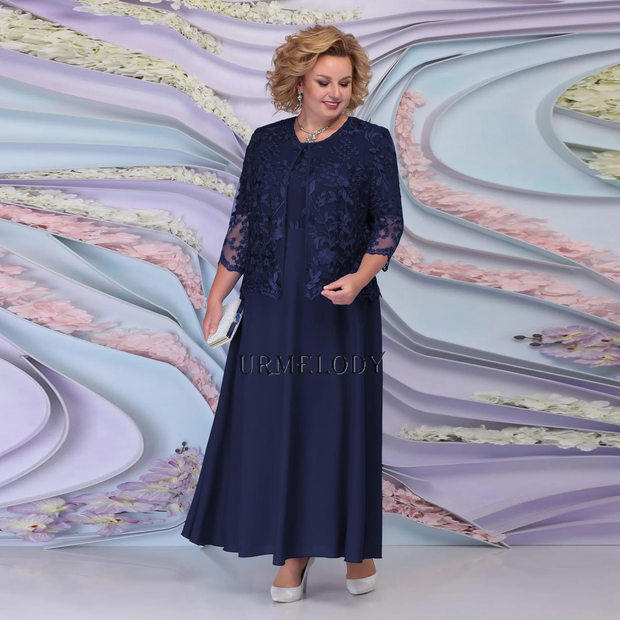 Royal Blue Mother of the Groom dresses With Lace Jacket  Plus size Outfit