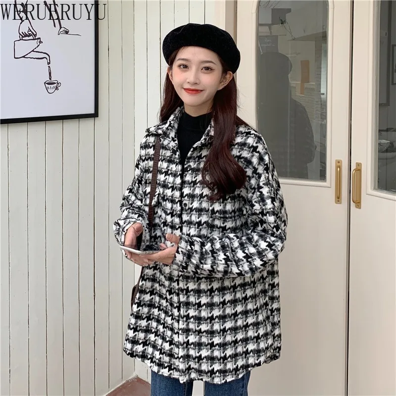 

WERUERUYU winter women plaid windbreaker woolen coat female middle long new houndstooth Female long coat