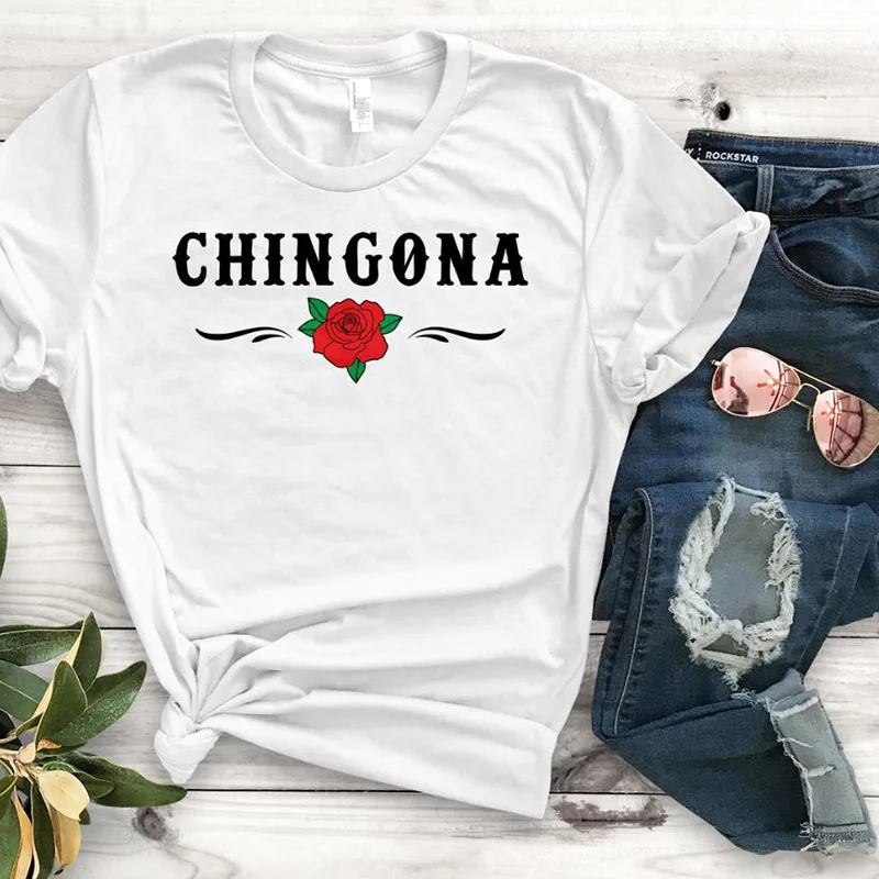 Chingona Rose Latin Print Women's T-shirt Harajuku Graphic T-shirt Casual Ladies Short Sleeve Top Tee