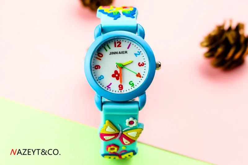 Montre à quartz pour enfants, livraison gratuite, mignon dessin animé papillon 3D, bracelet en silicone, cadran fleur simple, horloge cadeau