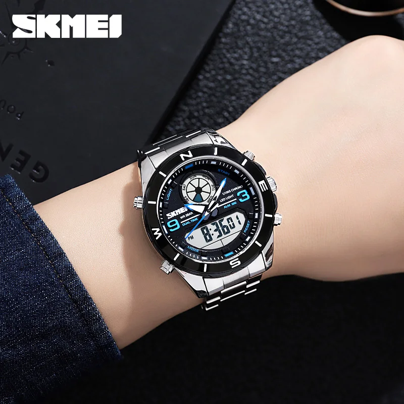 Luxury Steel Quartz Watch Top Brand SKMEI Dual Time Chrono Digital Watches For Men Original Design Men\'s Wristwatch Alarm Clock