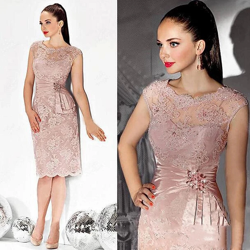 Vestido de noche de manga corta para madre de la novia, vestido de invitados de fiesta de boda, longitud hasta la rodilla, cuentas de encaje, Rosa polvoriento