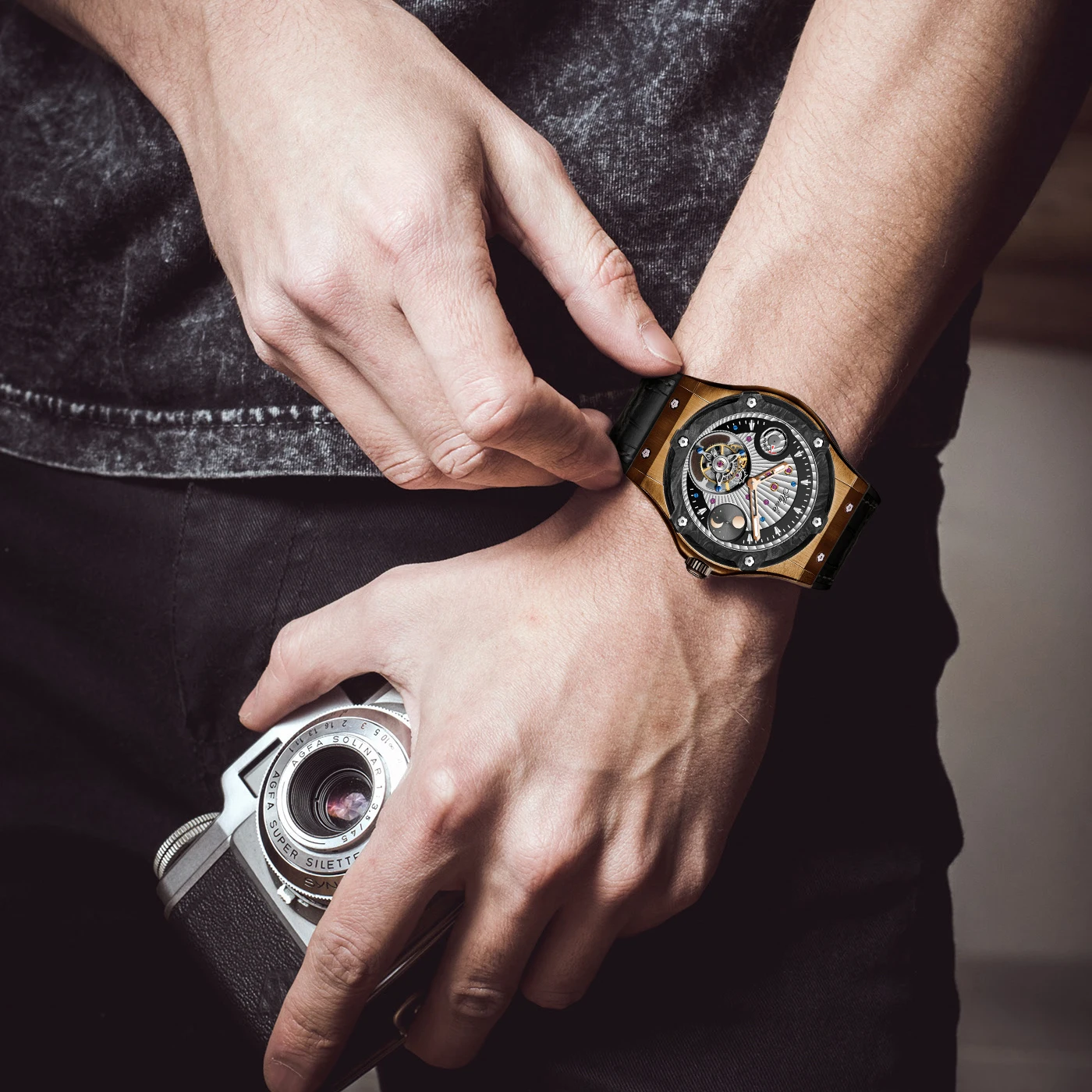 Haofa Bronze Case Luxury Tourbillon Mechanical Mens Watches Manual Movement Sapphire Business Wristwatches Day And Night 1915T