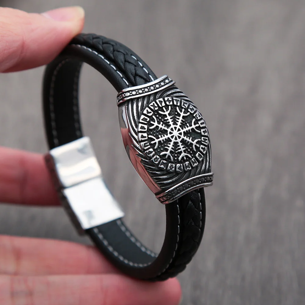 

Vintage Stainless Steel Compass Rune Bracelets Nordic Odin Leather Bracelet for Men Biker Amulet Fashion Jewelry Gifts Wholesale