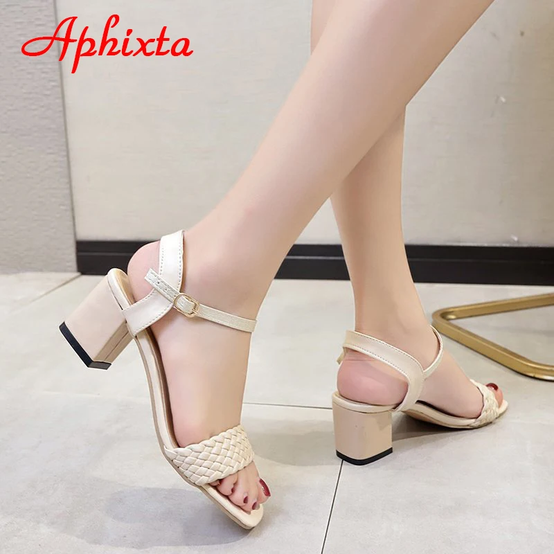 Aphixta 6.5cm Square Heels Summer Buckle Women Sandals Weave Slides Cool Open Toe Flip Flops Sandalias Mujer Plus Size 45 46