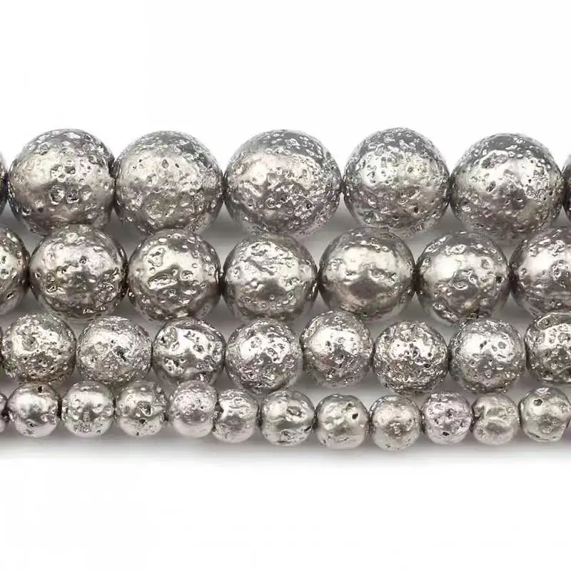 Natural Stone Sliver Plated Rock Volcanic Lava Stone Beads Round Loose Spacer Bead For Jewelry Making Diy Charm Bracelet 15Inch
