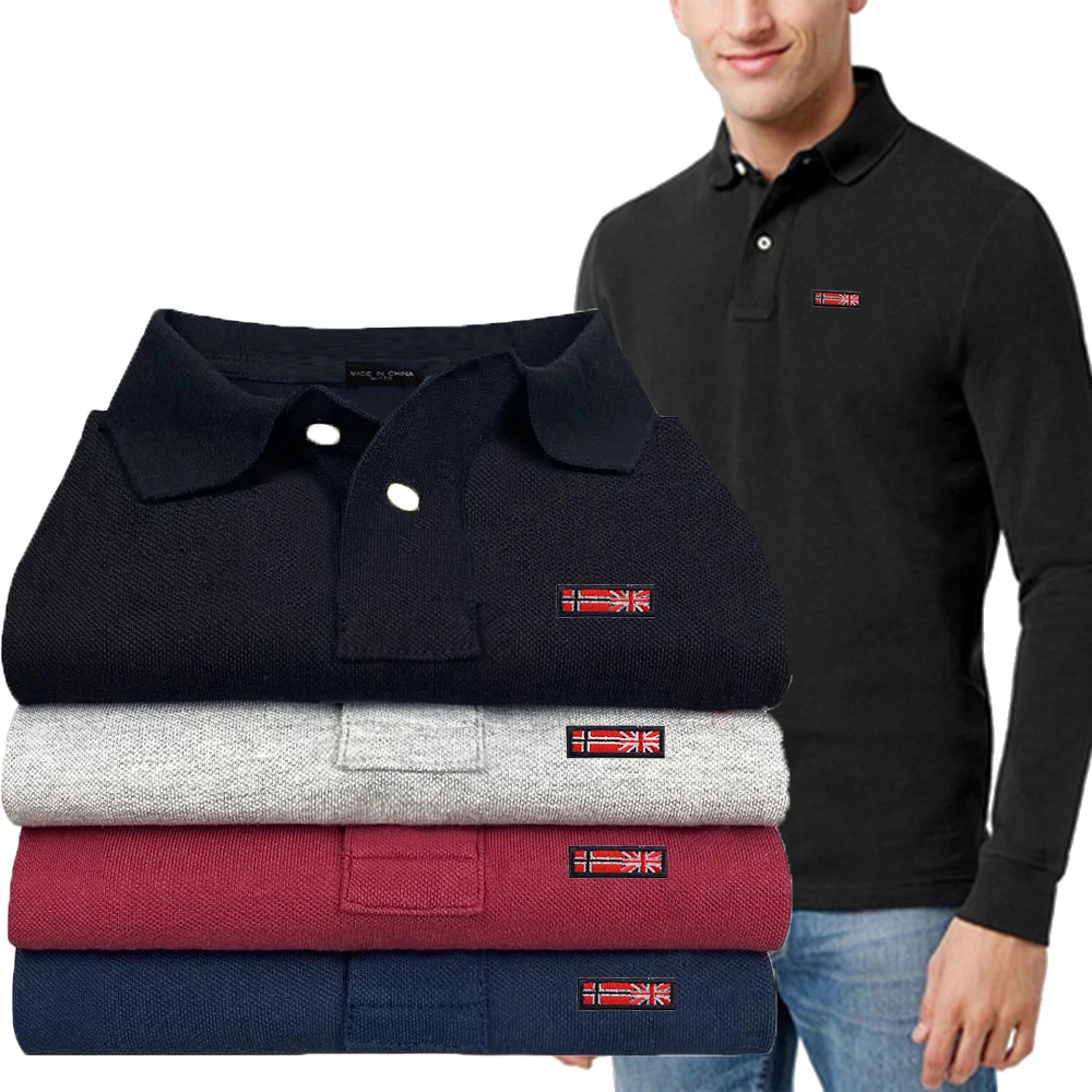 High Quality Men\'s Fall 100% Cotton Lapel Long Sleeve POLO Shirt Business Casual Embroidery Letter Logo Simple Top S-5XL