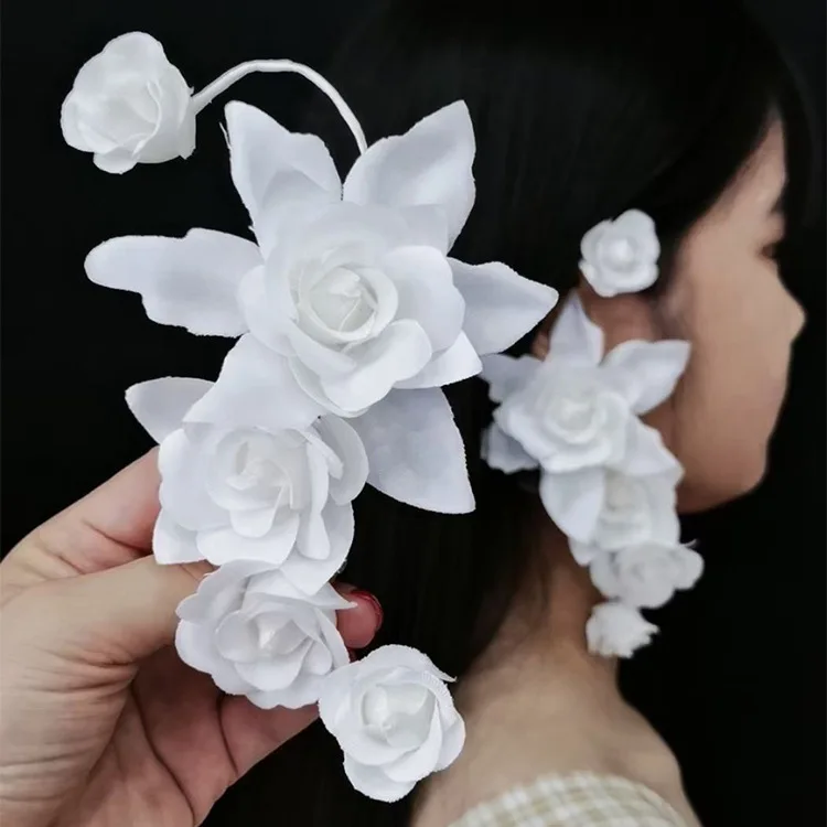 New Mori Korean Ear Hang Side Hair Decoration Bride Jewelry Sweet White Flower Earring Romantic Wedding Hair Accessories