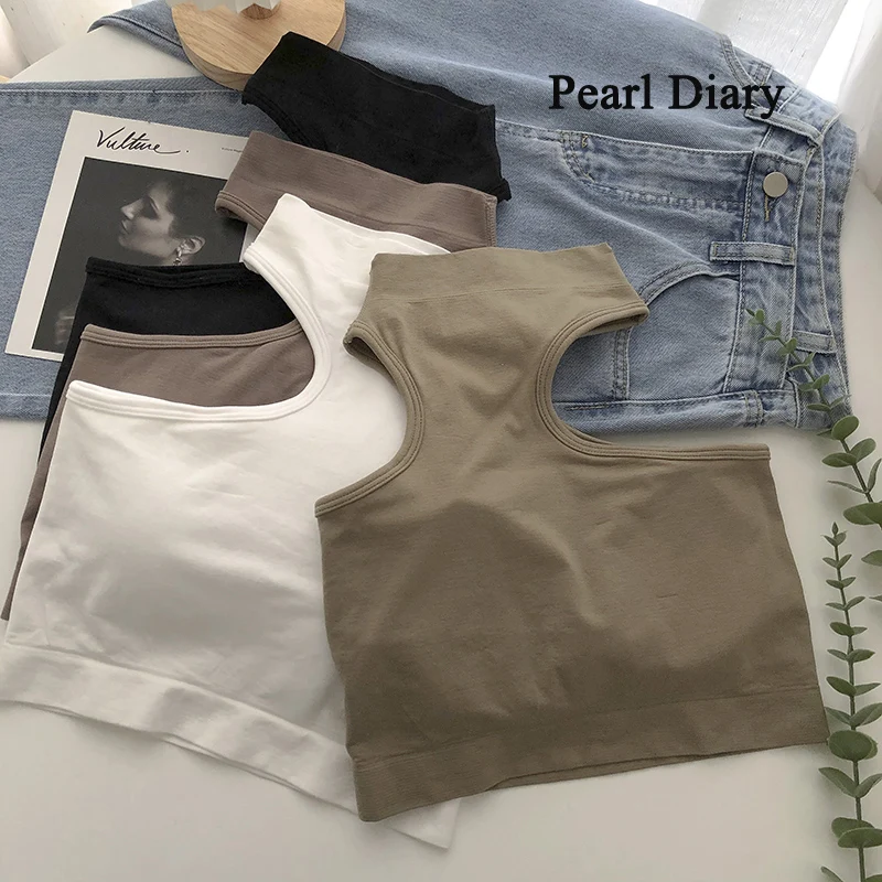 

Pearl Diary Sexy Halter Fixed Cup Summer Women Solid Color Vest Spring Korean Style All-Match Close-Fitting Boob Tube Top Wome