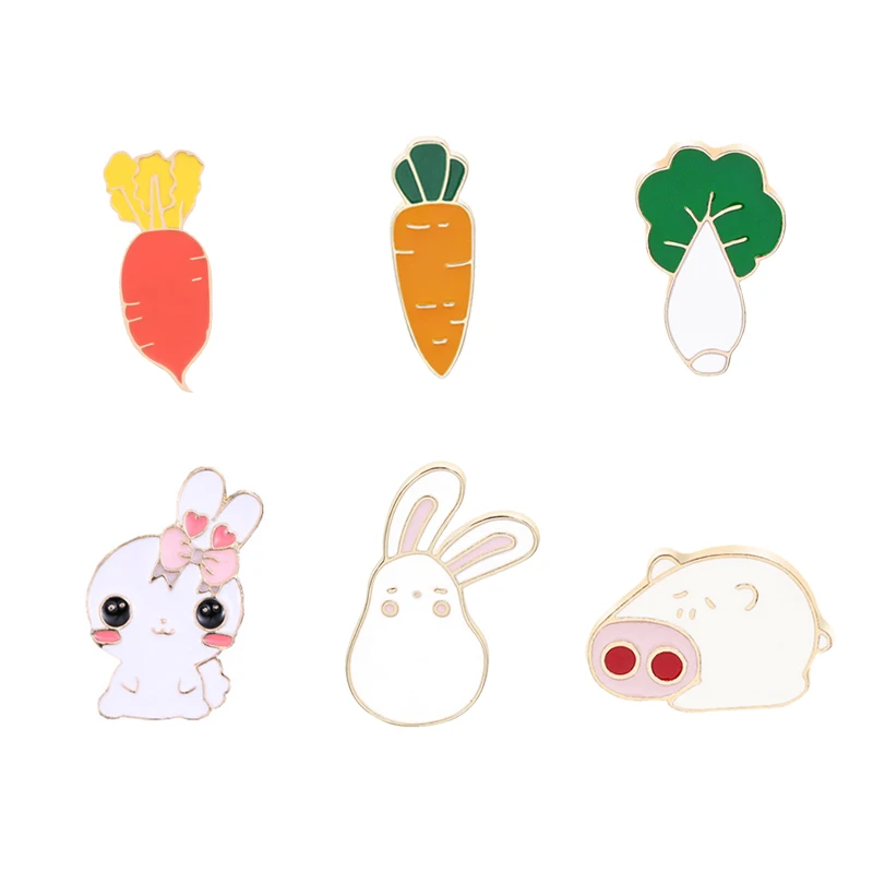 Cute Rabbit Radish Bunny Carrot Pig Cabbage Brooches Lovely Animal Enamel Pins For Kids Girl Bag Badge Clothes Lapel Pin Jewelry