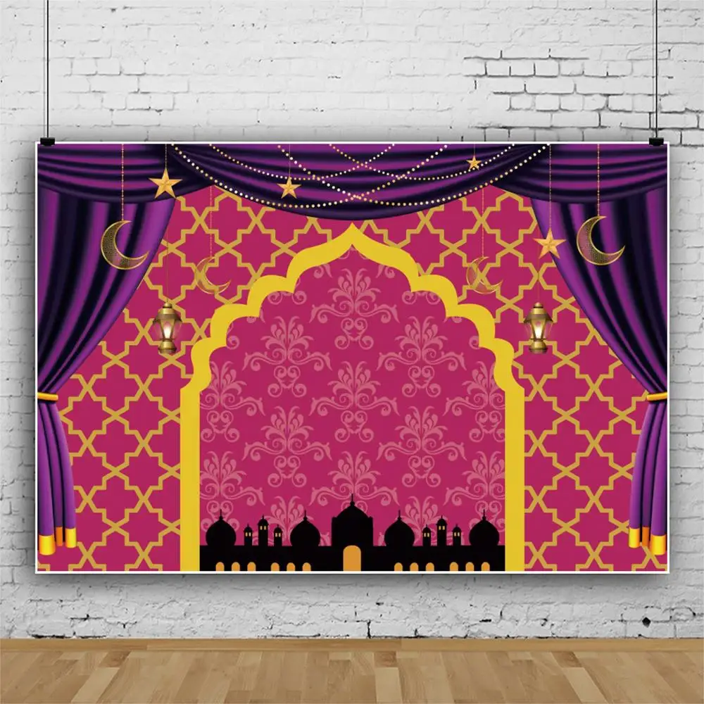 ستارة أرجوانية على شكل قمر ونجمة إسلامية ، مسجد إسلامي ، خلفية صور من الفينيل ، كشك تصوير فوتوغرافي
