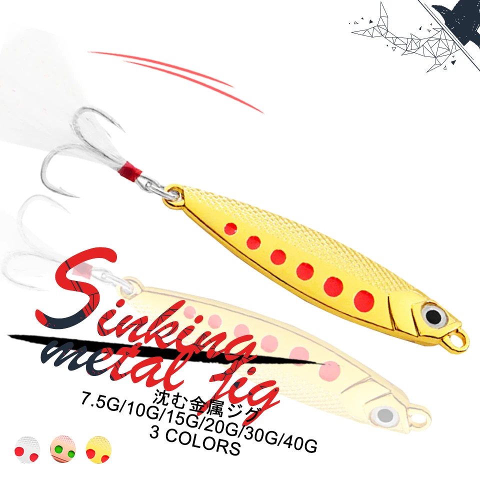 1PCS 7.5g/10g/15g/20g/30g/40g Jig Fishing Lure 3D Eyes Zinc Alloy Baits Three Hooks With Feathers Fish Bait Bass Fishing Tackles