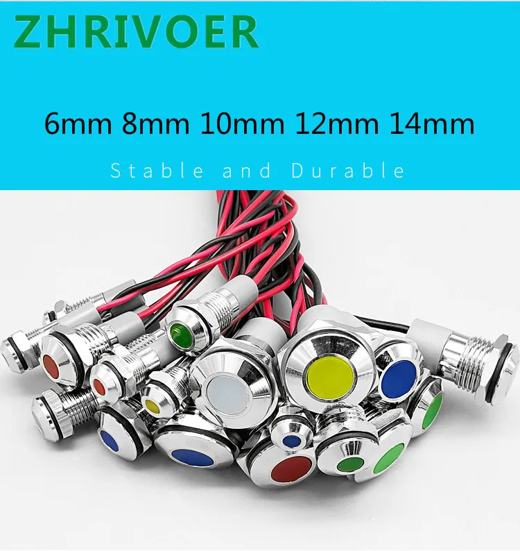 1 Buah 6Mm 8Mm 10Mm 12Mm 14Mm 3V 5V 12V 24V 110V 220V Tahan Air IP67 Logam LED Indikator Peringatan Lampu Sinyal Lampu Pilot Kawat