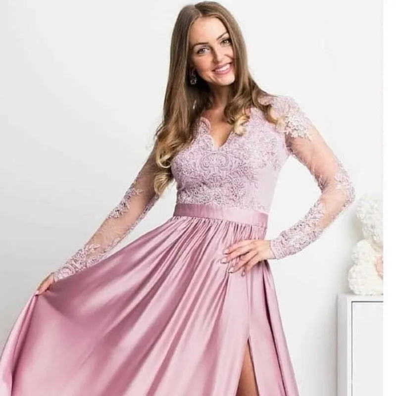 Vestido de noite rosa 2021, manga longa, apliques de renda, decote em v, comprimento do chão, cristal frisado, sexy, fenda lateral, vestidos de festa femininos formais