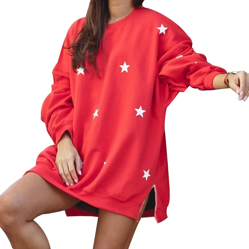 2021 Autumn And Winter Women\'s Loose Plus Size Round Neck Long Sleeve Star Printing Sweater Office Lady Women M6216