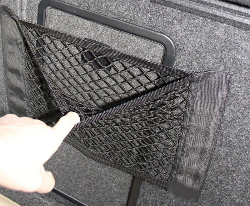 Car Rear Seat Storage Bag Trunk Mesh Auto Organizer Double-deck Elastic String Net Magic Sticker Pocket Bag Car Trunk Organizer