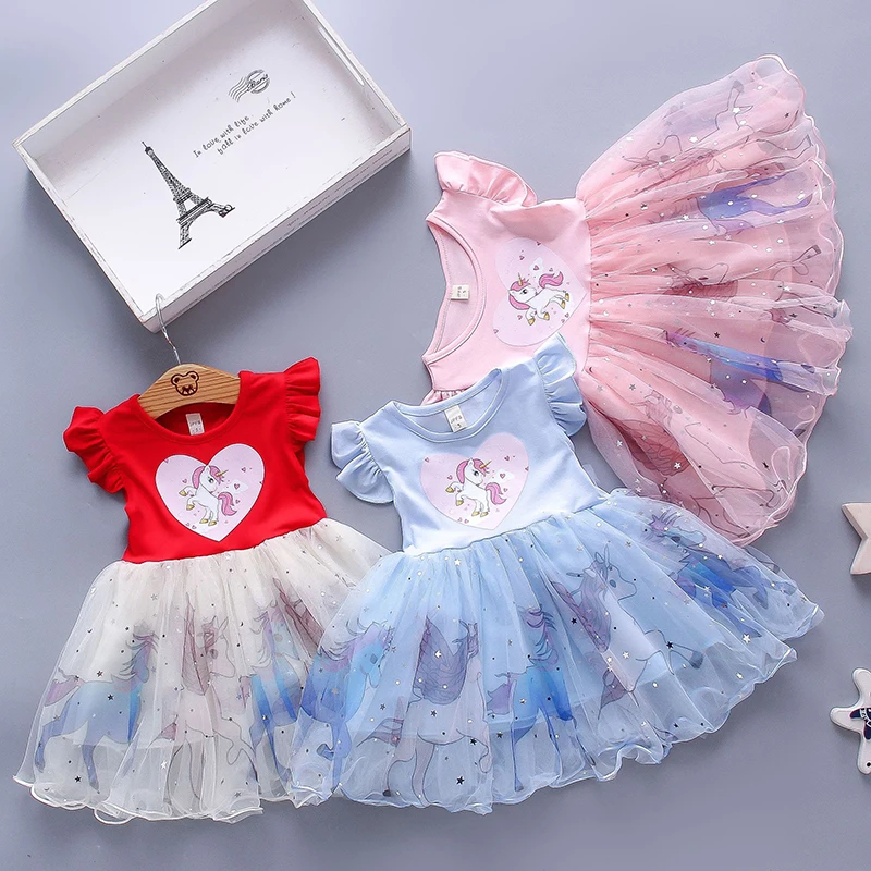 1 2 3 4 5 Years Unicorn Girls Dress Summer Cute Cartoon Mesh Fashion Little Princess Cosplay Dress Birthday Gifts Kids Clothes