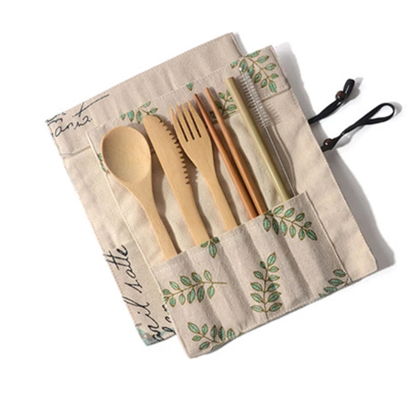 Reusable Bamboo Cutlery Set with Cutlery Bag, Portable Tableware, Wooden Cutlery, Fork, Spoon, Knife, Travel Utensil, New