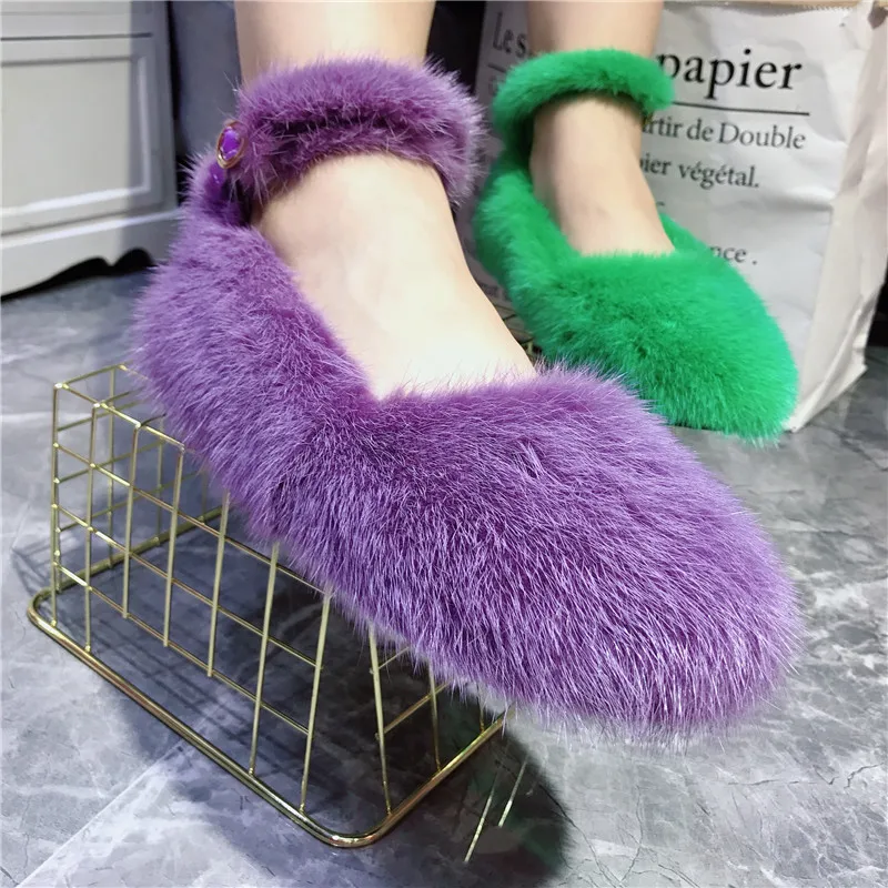 Mink Fur Ankle Straps Women Flats Winter Warm Fur Shoes Outside Loafers Espadrilles Ladies Driving Flat Shoes Moccasins