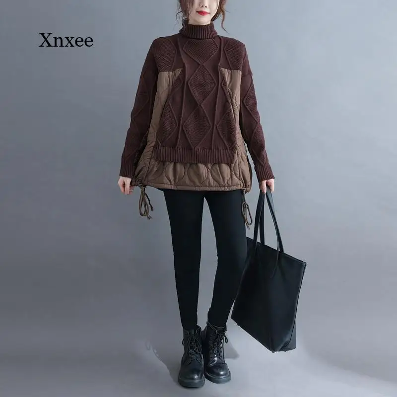 

Vintage Patchwork Sweater Coat Autumn Winter Pullovers Women Clothing Lady Turtleneck Oversize Loose Casual Cotton Knitted Top