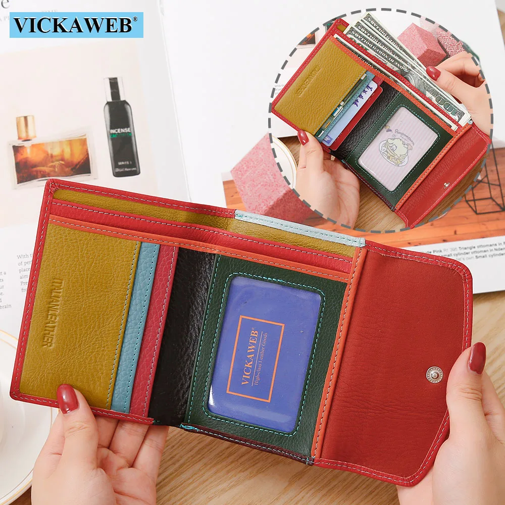 Vickaweb carteira feminina pequena de couro genuíno, carteira colorida feminina, carteiras femininas da moda, bolsas de dinheiro com fecho, bolsa de mão feminina