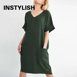 Women Casual Short Sleeve V Neck Cotton Linen Loose Dress Vintage Solid Pockets Oversized Dress Elegant Beach Holiday Mini Dress