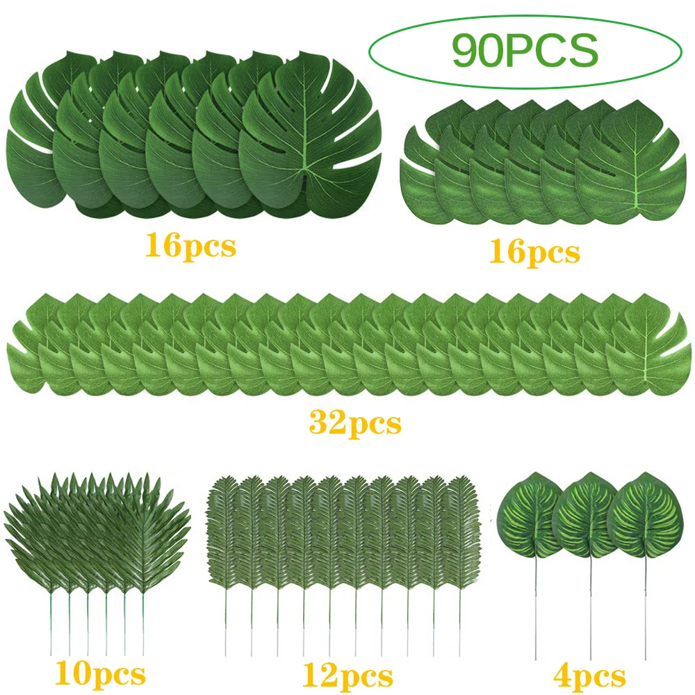 90 Pieces 6 Kinds Artificial Palm Leaves Tropical Leaves Decorations For Jungle Party Decorations Beach Birthday Luau Hawaiian