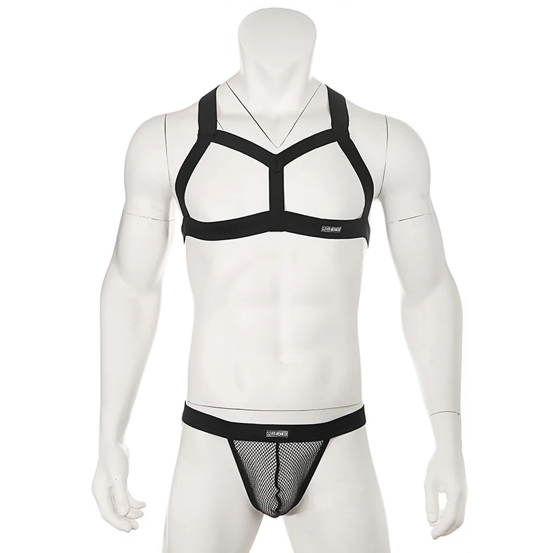 CLEVER-MENMODE homens corpo cinto de peito conjunto elástico alça de ombro malha tanga g string jockstrap estágio traje sexy bondage