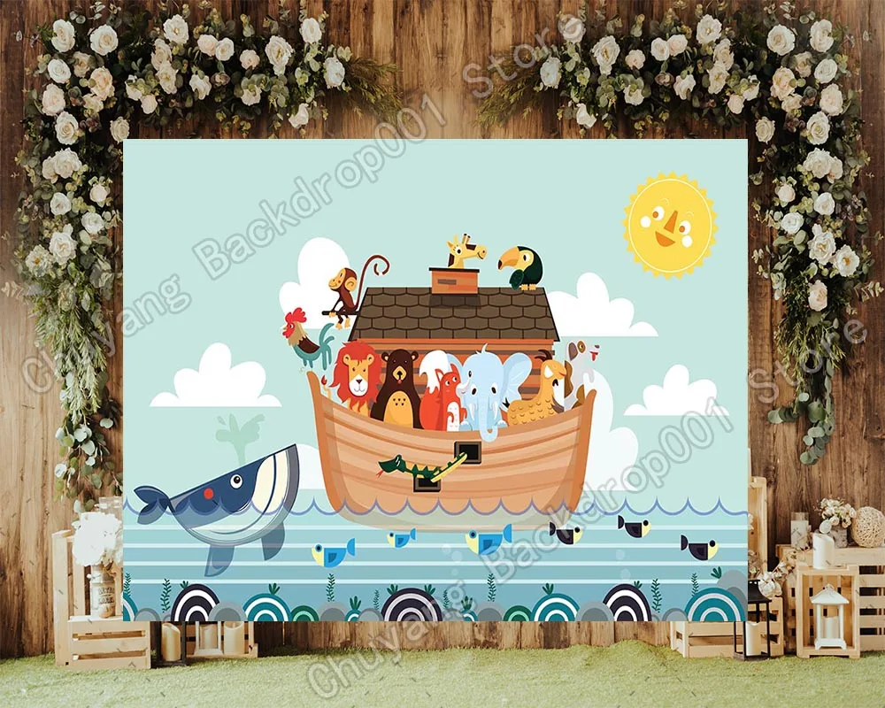 Custom Cartoons Noah\'s Ark Noah Photography Backdrop Animal Sea Fish Boat Birthday Party Decoration BannerPhoto Background