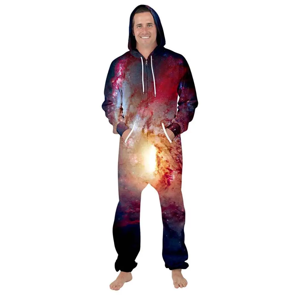 Wanita Galaxry Onesie Jumpsuit Unisex 3D Digital Printing Gaya Longgar Ritsleting Kasual Berkerudung Baju Tidur Pakaian Bermain Lebih Tahan Dr Pakaian