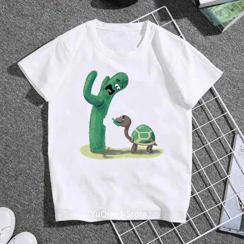 Funny Cactus Turtle Cartoon Print Kids Tshirt Summer 2021 Comfortable T Shirt Children's Clothes White T-Shirt 3-13 Boys Girls