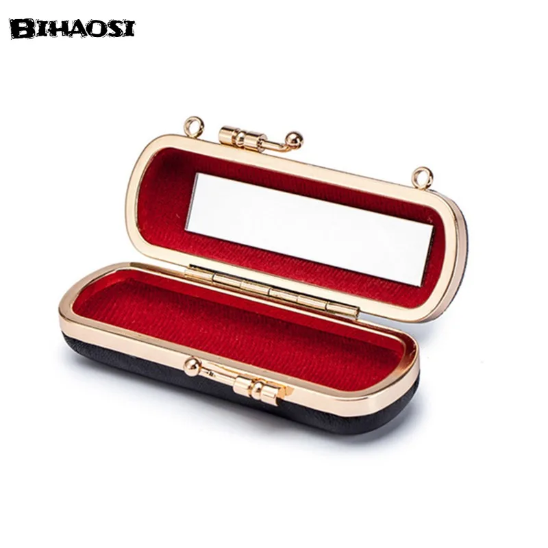 Leather Mini Lipstick Wrapped Strands Stranded Across Portable Cosmetic Case With Mirror, Sheepskin Lipstick Box Lipstick Box