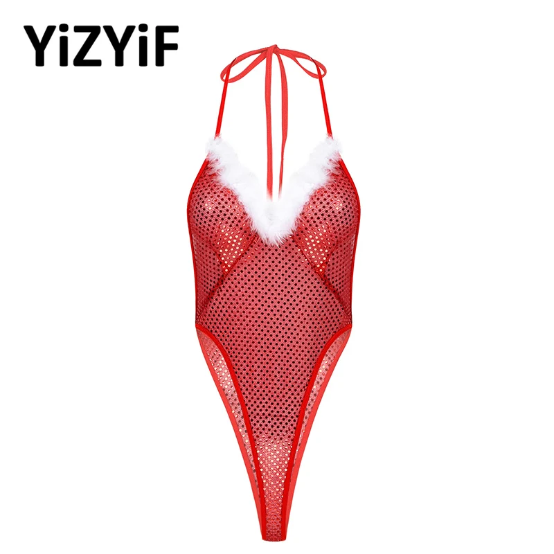 Sexy Women Sequins Bodysuits Feather Trim Open Back Halter Neck Bodysuit Christmas Santa Lingerie Jumpsuits Nightwear Sleepwear