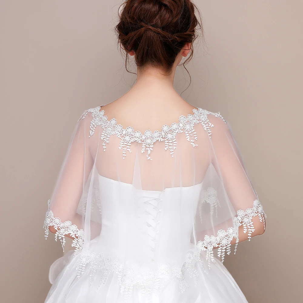 Mantello da sposa da donna con nappa avorio, o-collo, taglia libera, elegante, in tulle trasparente, con bordo in pizzo, accessorio per scialle da ballo